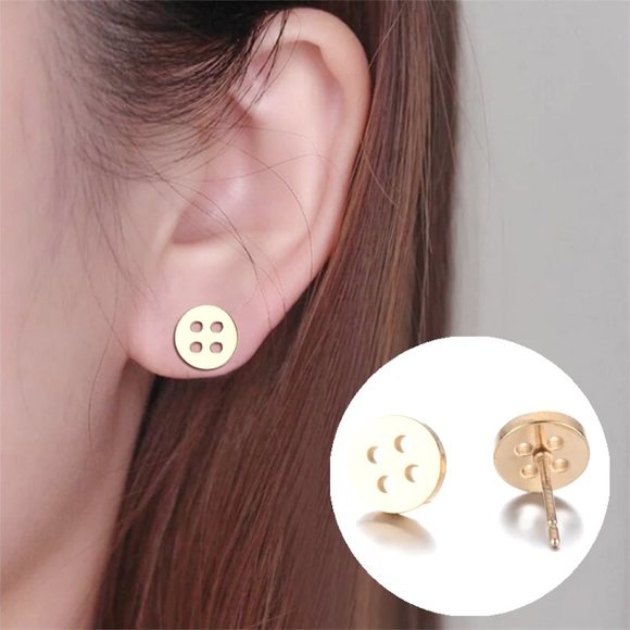Stainless Steel Button Stud Earrings - Picture 3 of 3